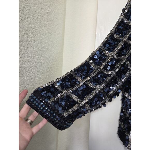 St. John Hand Beading Silk Sequin Rhinestone Navy Formal Evening Jacket, Large - Picture 4 of 14